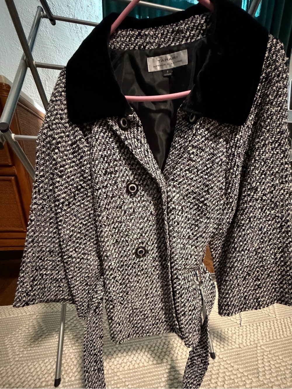 Anthropologie Black and White Tweed Belted Mini Peacoat with Velvet Collar